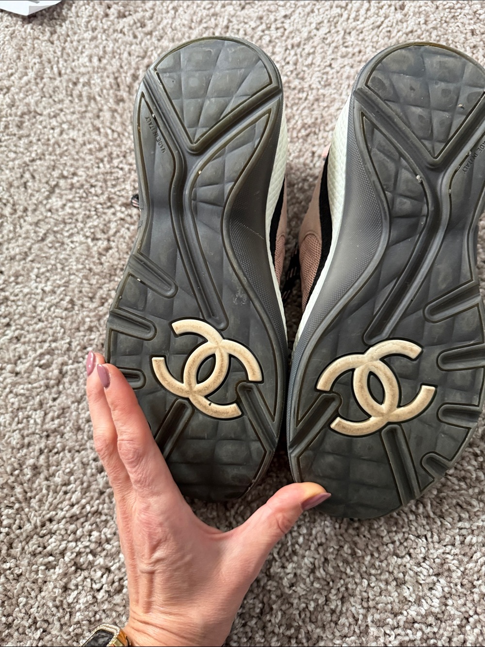 CHANEL Blush Pink Suede & Mesh Sneakers with Black Accents - Picture 5 of 7